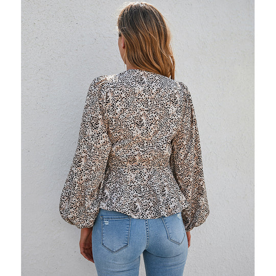 Elegant Floral Print Niche Women Shirt V Neck Lantern Sleeve Leopard Print Office All Matching Long Sleeve Top