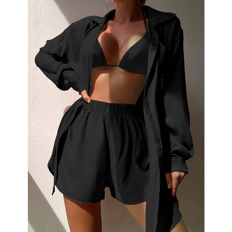 Beach Vacation Solid Color Shirt Suit Sexy Loose Sun Protective Clothing Casual Beach Swimsuit Blouse