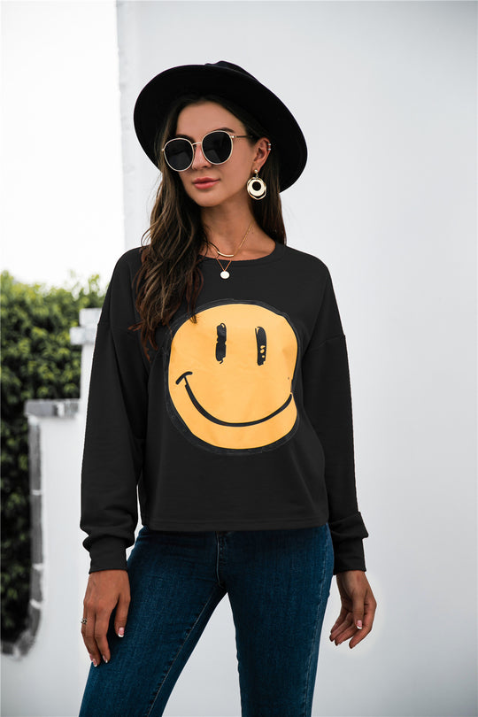 Autumn Winter round Neck Smiley Face Printing Casual Long Sleeve Smiley Face Sweatshirt