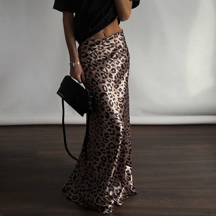 Women Clothing Satin Draping Skirt Leopard Print Sexy Sheath Fishtail Skirt Floor Length Dress