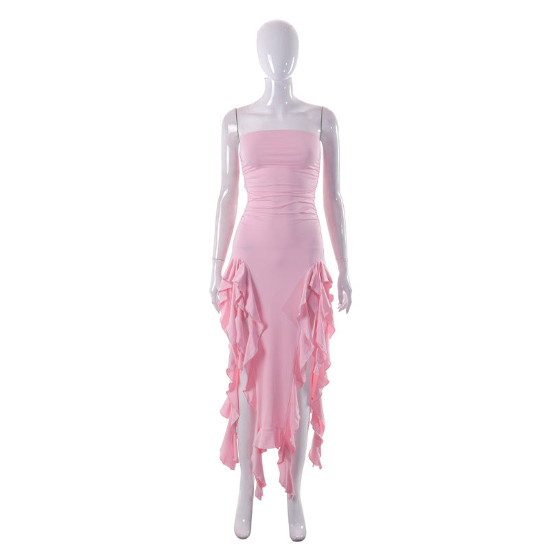 Women Solid Color Sleeveless off Shoulder Ruffle High Waist Dress