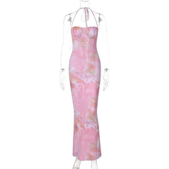 Printed Sexy Wrapped Chest Halter Slim Fit Dress