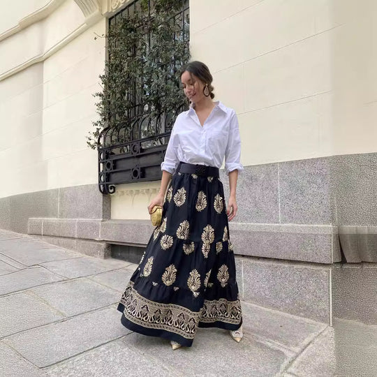 Early Autumn Skirt Printing Pleated Vacation Big Hem Skirt Women