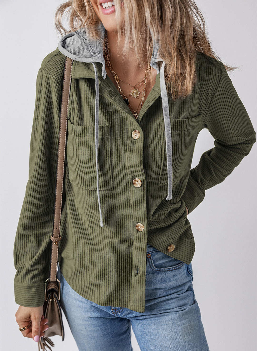 Autumn Winter Collared Buckle Cardigan Pouch Hooded Drawstring Striped Coat Women