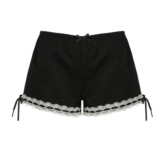 Sweet Cool Sexy Lace Bow Stitching Basic All Matching Casual Black Casual Low Waisted Shorts Summer