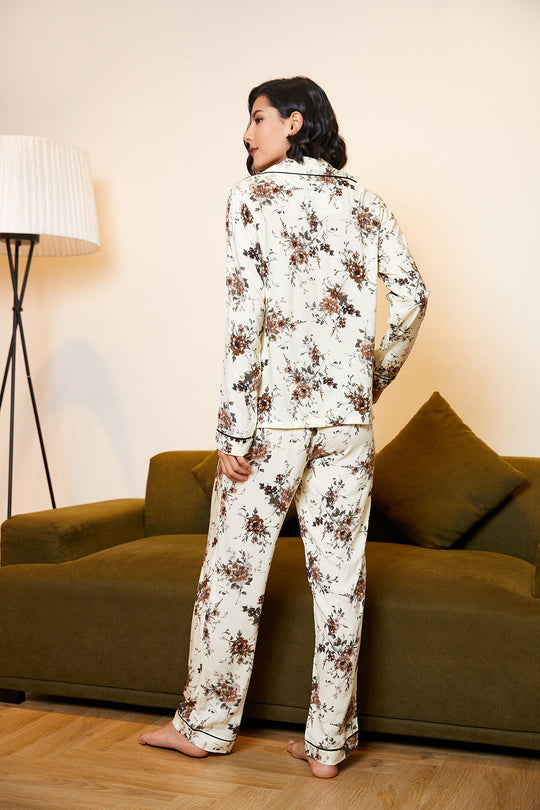 Home Wear Four Seasons Cardigan Long Sleeve Collared Top Trousers Floral Print Pajamas Can Be Worn outside