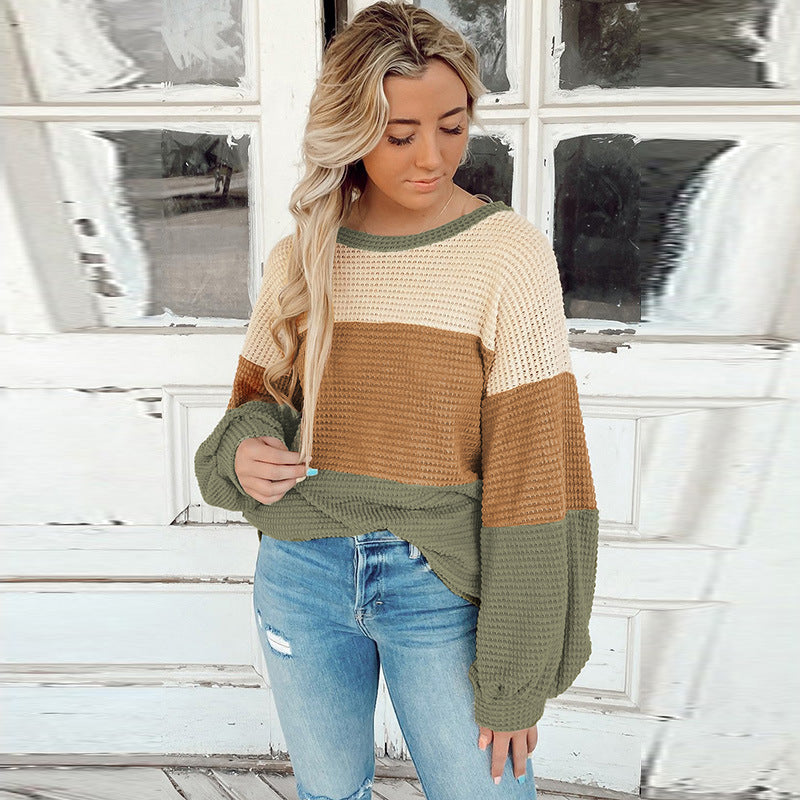 Casual Loose Warm Pullover Sweater Women Autumn Winter Color Contrast Patchwork Drop Shoulder Long Sleeve T Shirt