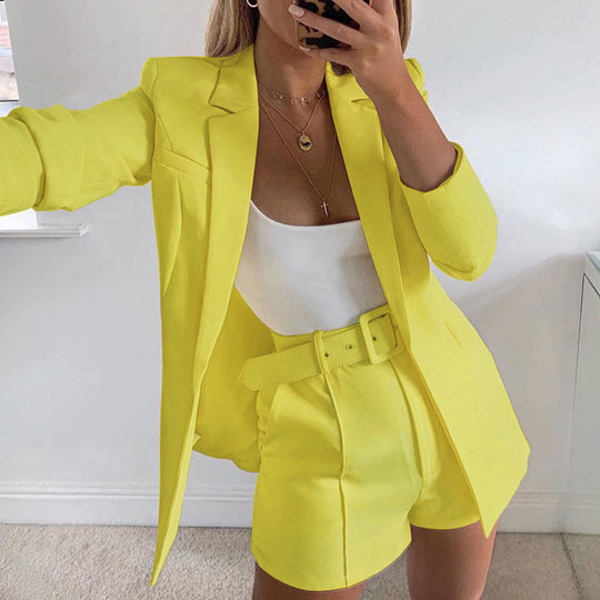 Top Shorts Suit with belt Sexy Women Casual Polo Collar Cardigan