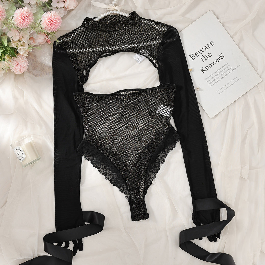 Underwear Long Sleeve Mesh Splicing Can Be Open Sexy Sleeveless Jumpsuit Women