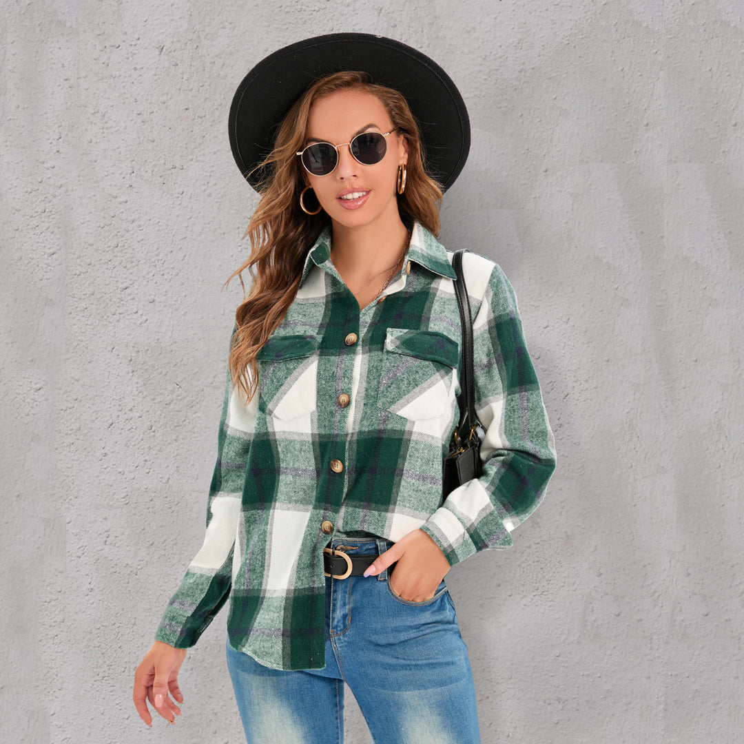 Popular Jacket Long Sleeved Plaid Button Shirt Top for Women