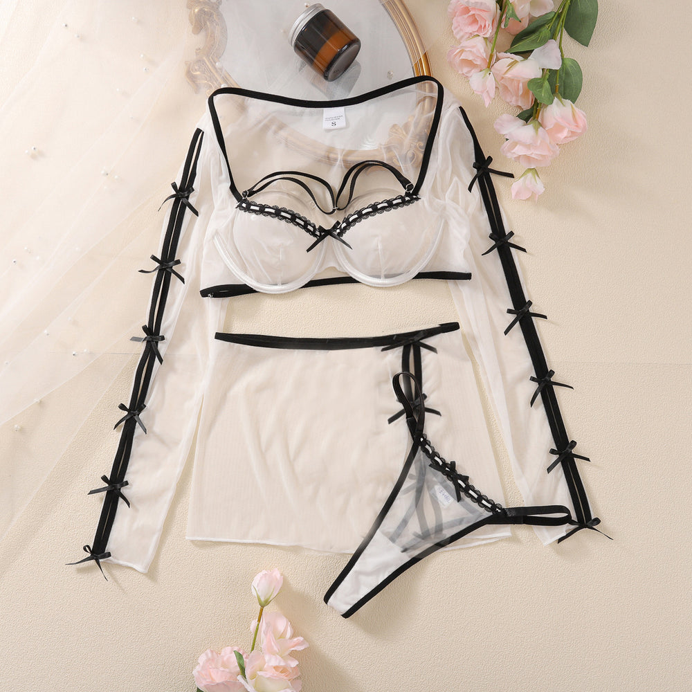 Mesh Contrast Color Sexy Bow Lace up Long Sleeve Halter Underwear See through Hip Skirt Sexy Three Piece Set