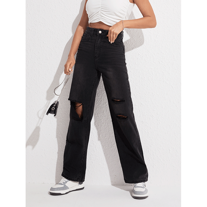 Summer Jeans Women Black Ripped Straight Casual Trousers Street