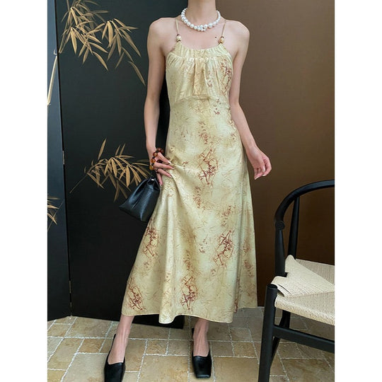 Chinese Halter Bamboo Leaf Printing Slip Dress Cardigan Set