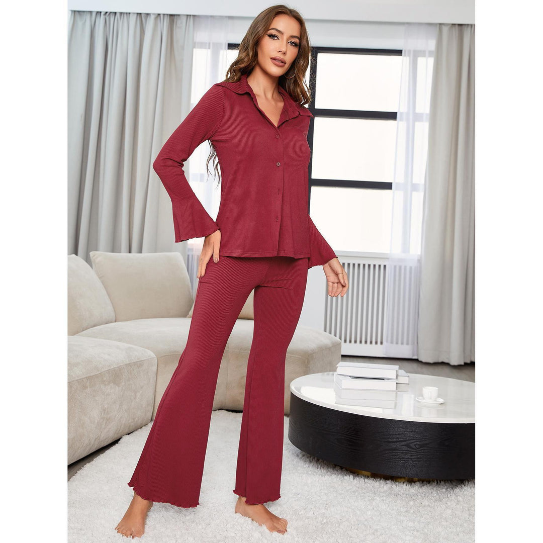 Pajamas Women Autumn Winter Red Threaded Long Sleeve Home Wear Two Piece Set