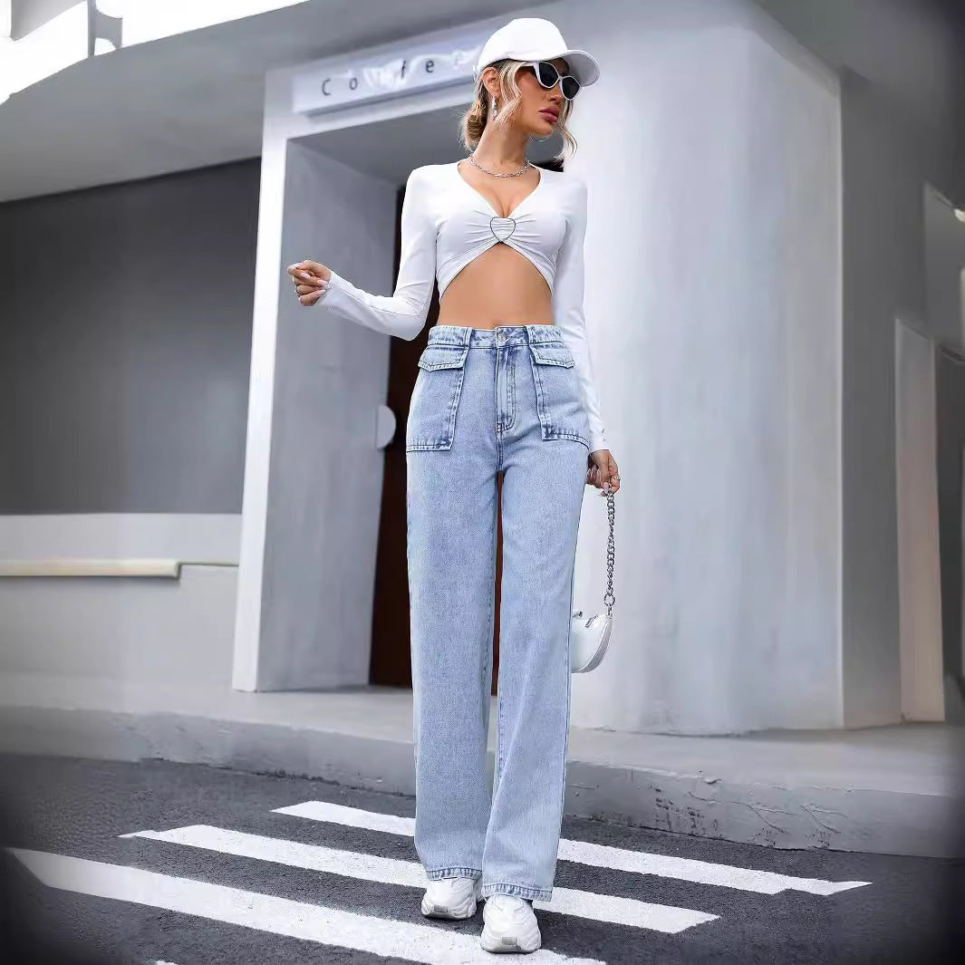 Women Clothing Straight Pocket High Waist Denim Trousers