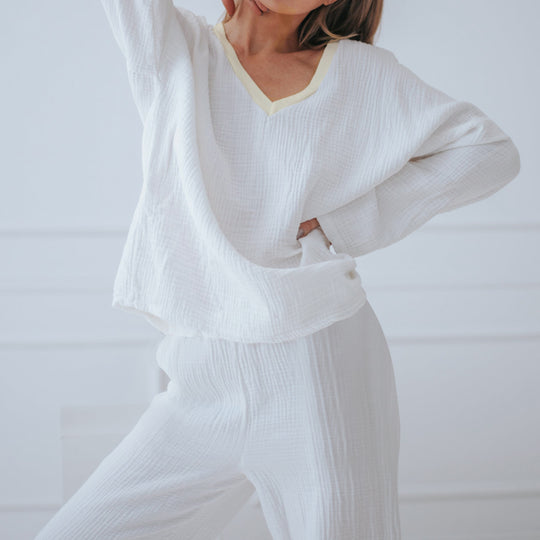 Cotton V Neck Crepe White Pajamas Trousers Long Sleeved Pajamas Spring Loose Homewear Women