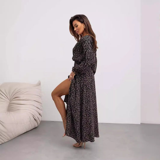 Women Clothing Women Clothing Printed V Neck Sexy Slit Long Sleeve Dress