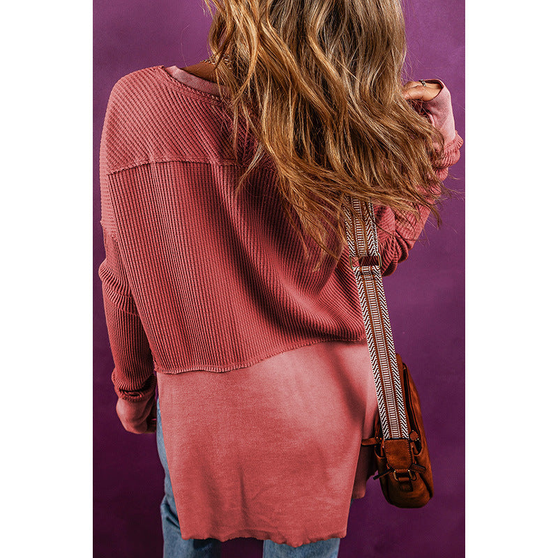 Waffle V neck Patchwork Sweater for Women Autumn Loose Fitting Solid Color Long Sleeves Pullover for Women