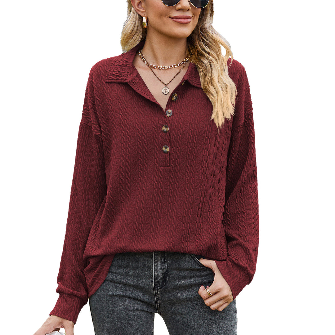 Autumn Winter Solid Color Polo Collar Button Loose Long Sleeve Sweatershirt Coat Women