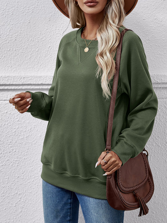 Autumn Winter Women Sweater Solid Color Round Neck Long Sleeve Pocket Women Top