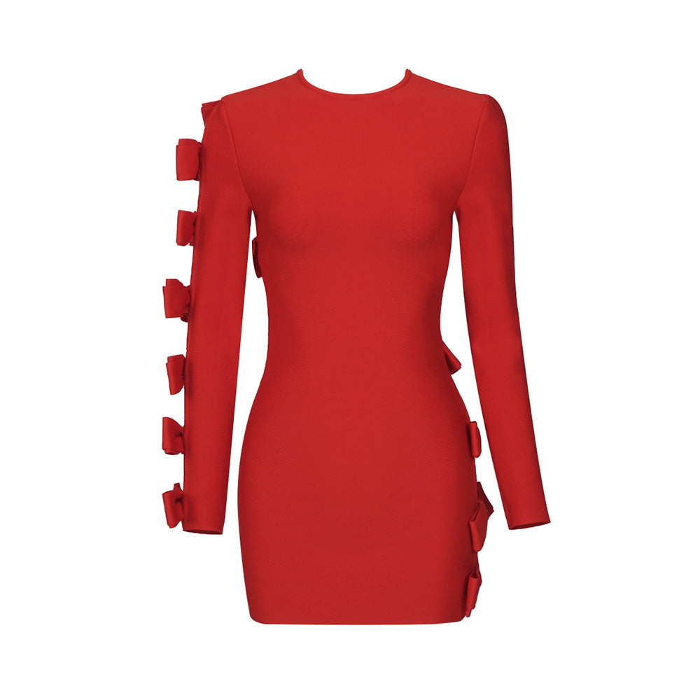 Red Hollow Out Cutout Bow Long Sleeve Bandage One Piece Dress Women Clothing Sexy Christmas
