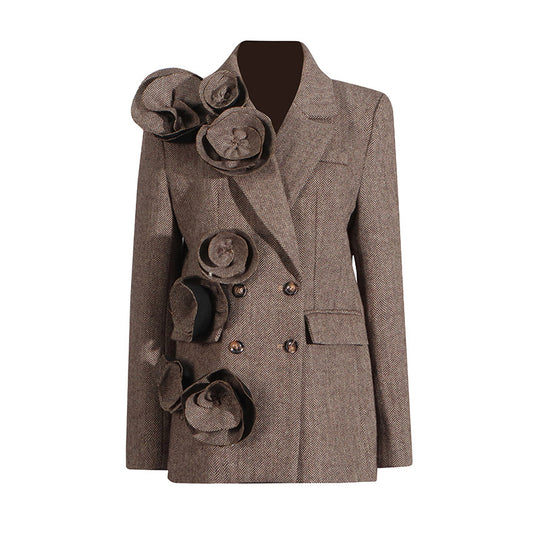 Autumn Office Handmade Three Dimensional Floral Decoration Stitching Double Breasted Women Blazer