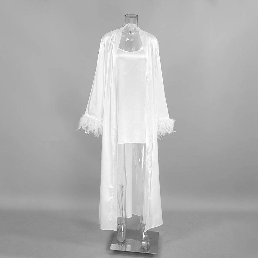 Autumn Winter Light Luxury White Feather Comfortable Loose Strap Nightgown Nightgown Two Piece Home Wear