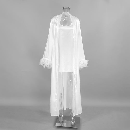 Autumn Winter Light Luxury White Feather Comfortable Loose Strap Nightgown Nightgown Two Piece Home Wear