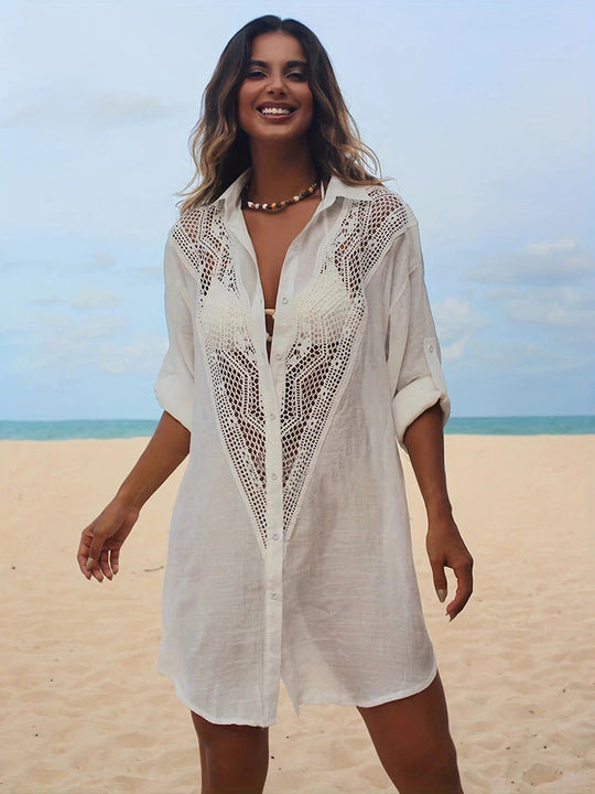 Lace Bamboo Shirt Beach Cover up Sexy Cutout Sun Protection Bikini Cover