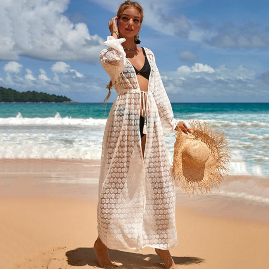 Circle Lace Long Cardigan Beach Vacation Sun Protection Coat Beach Cover Up Swimsuit Outwear Women