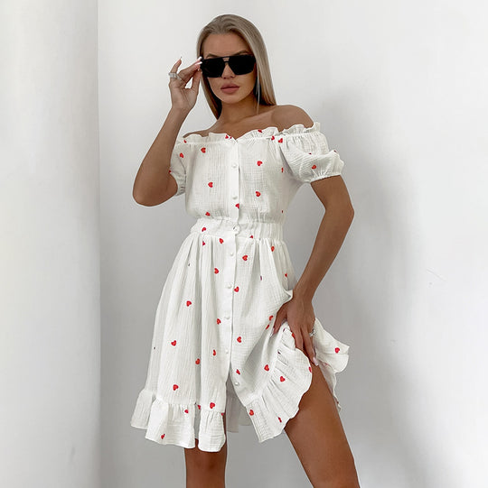 Summer White Cotton Heart Printing Nightdress Loose Soft Breathable Ruffled Ladies Homewear