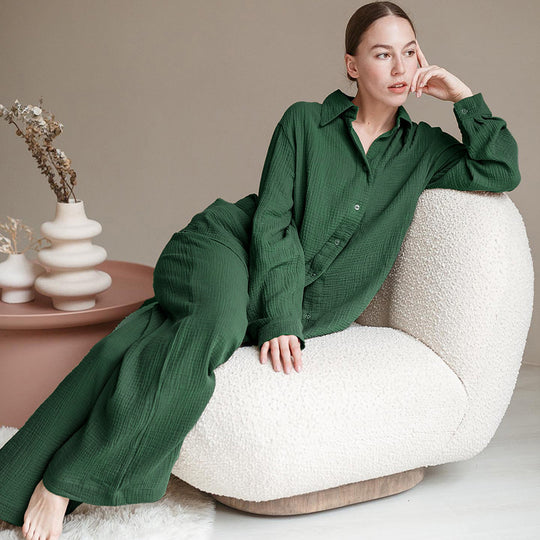 Autumn Double Layer Gauze Long Sleeved Pajamas Simple Shirt Loose Ladies Homewear Can Be Worn outside