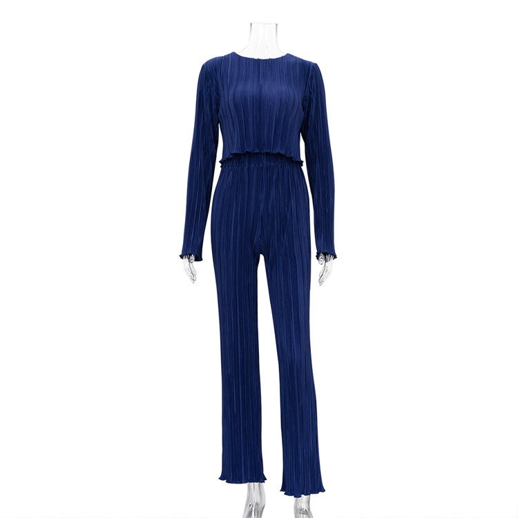 Early Autumn Chanel Long Sleeve T shirt Two Piece Slim Blue Pleated Wide Leg Trousers Suit