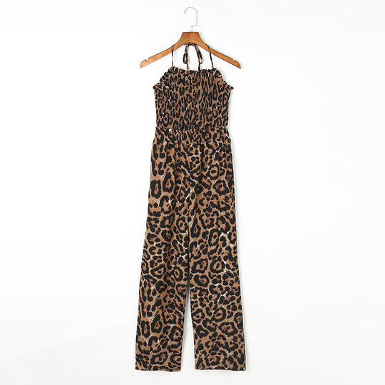 Summer Leopard Print Chest Wrapped Single Strap High Waist Belly Slimming Casual Jumpsuit Women