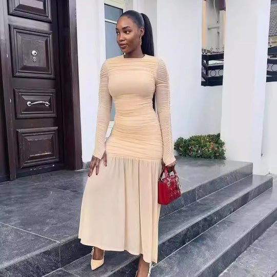 Elegant Women Dress Sexy round Neck Long Sleeve Slim Fit Slimming Pleated Solid Color Maxi Dress Women