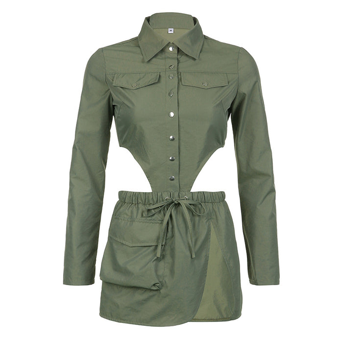 Woven Shirt Collar Breasted High Waist Long Sleeves Jumpsuit Pocket Skirt Workwear Two Piece Sets