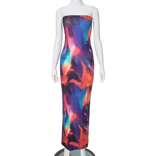 Women Summer Casual Printed Sleeveless Split Tight Tube Top Maxi Dress