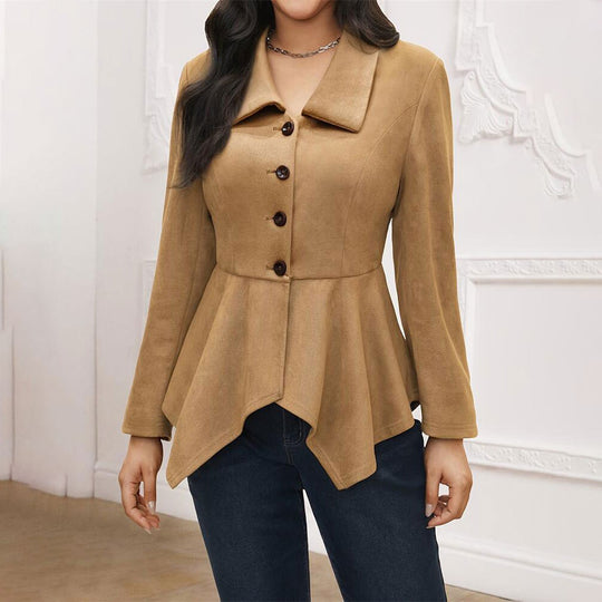 Elegant Office Casual Collared Irregular Asymmetric Open Placket Suede Loose Long Sleeve Jacket Women Clothing