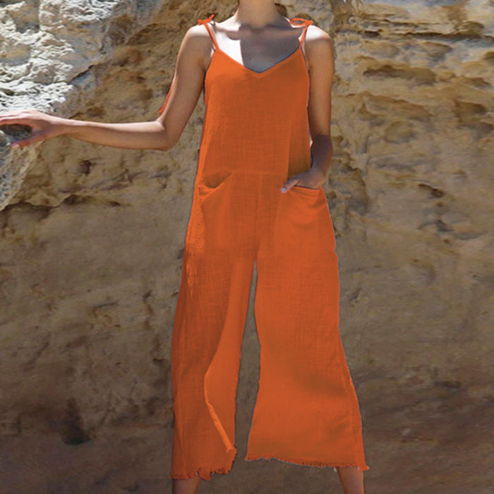 Popular  Women Clothing Summer Solid Color Sexy Sling Slub Linen Jumpsuit