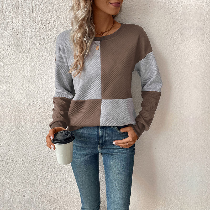 Women Clothing Autumn Long Sleeve Color Matching Round Neck Pullover Women