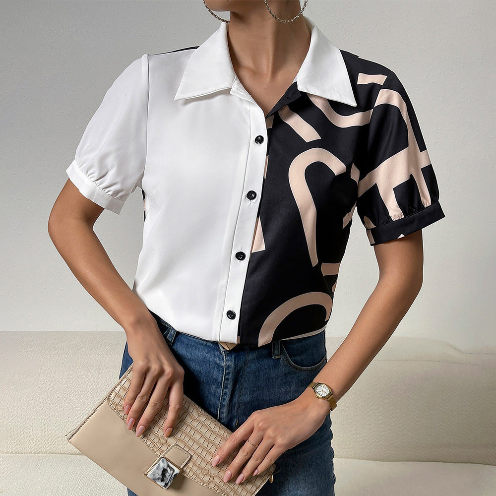 Shirt Women Summer Office Contrast Color Short Sleeve Top