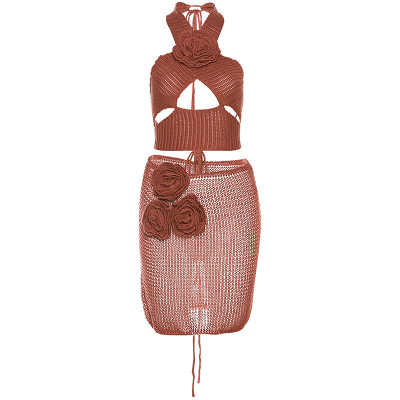 Summer Women Clothing Crocheted Knitted Slim Sleeveless Vest High Waist Hip Wrapped Skirt Set for Women