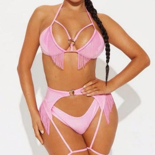 Lace Up Halterneck Backless Split Swimsuit Sexy Cutout Tassel Bikini Suit