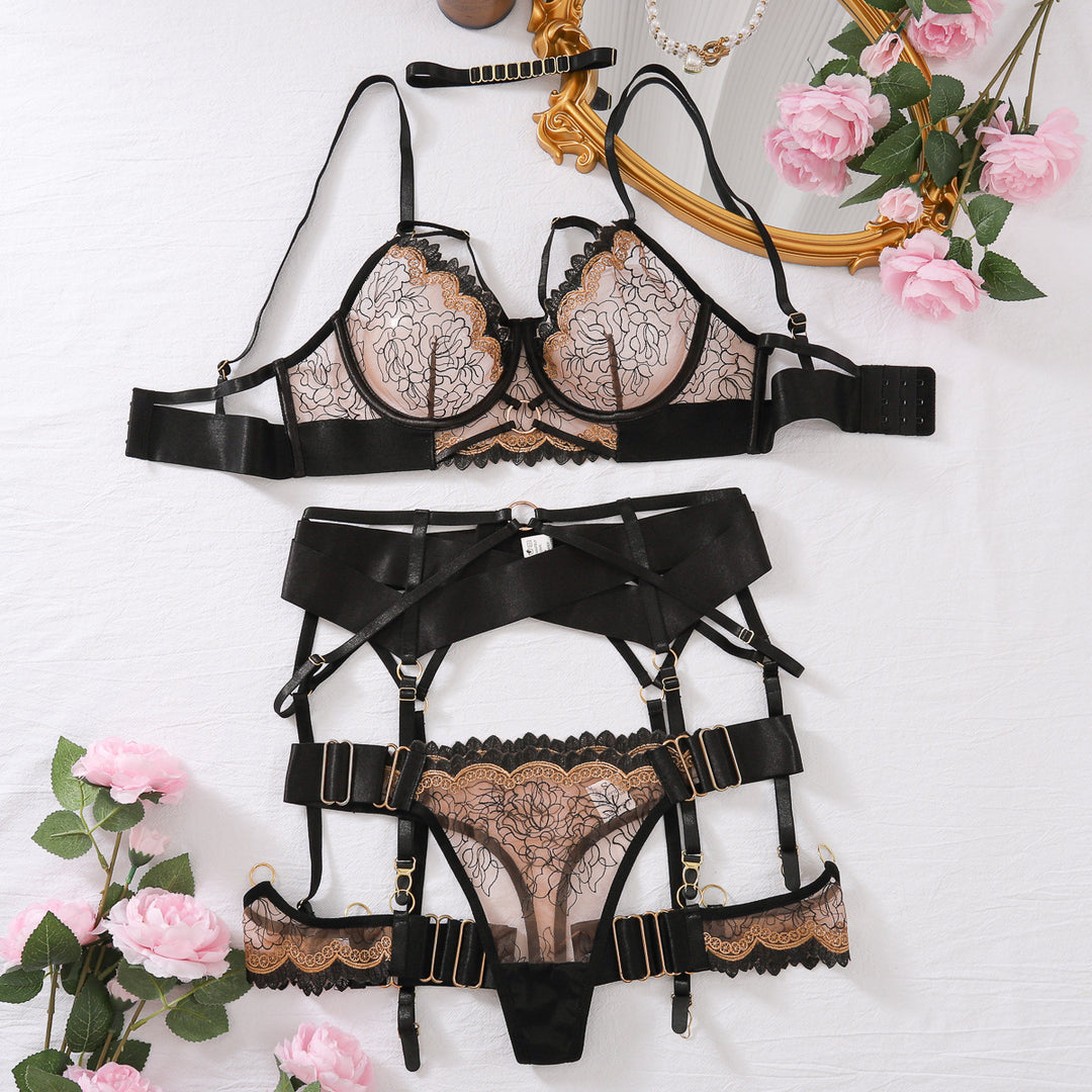 Complex Craft Sexy See through Bra High Quality Embroidery Contrast Color Sexy Underwear Five Piece Set