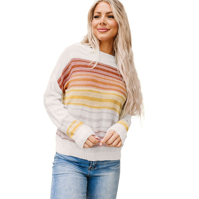 Autumn Pullover Crew Neck Sweater Women Casual Mixed Color Stripe Printing Thermal Long Sleeve Top Women