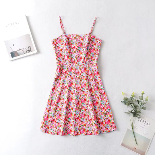 Spring New Women Clothing Suspender Floral Printed Waist-Controlled Slimming Cami Dress Short