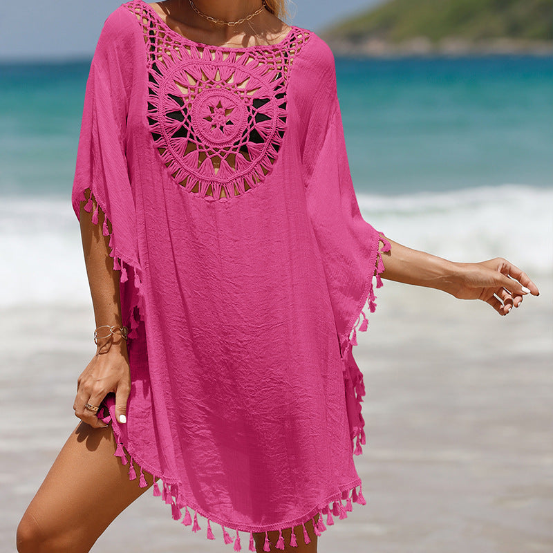 Vacation Hand Crocheting Solid Color Stitching Beach Dress Fimbrilla Sun Protection Short Sexy Beach Blouse