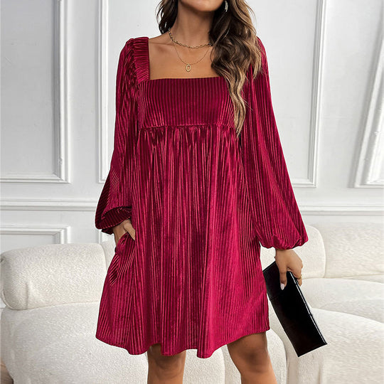 Autumn Winter Women Clothing Velvet Square Collar Solid Color Dress