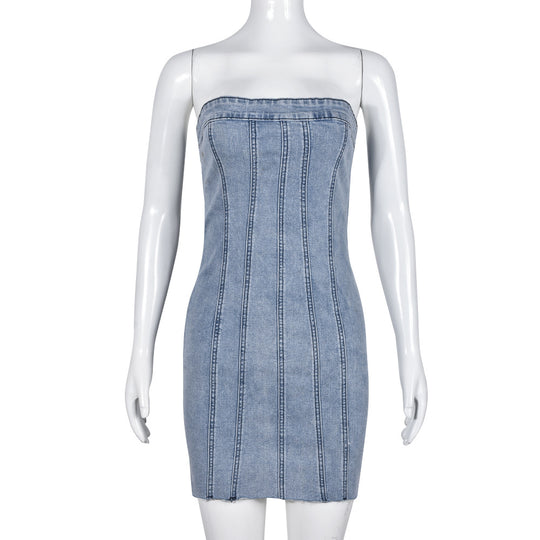 Denim Spring Summer Sexy Backless Wash Chest Wrapped Dress Women