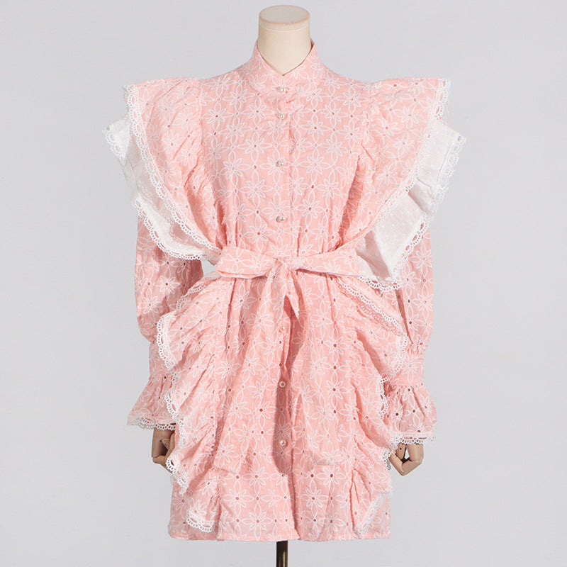 French Sweet Summer Stand Collar Half Sleeve Ruffled Short Stitching Bell Sleeve Women Dress